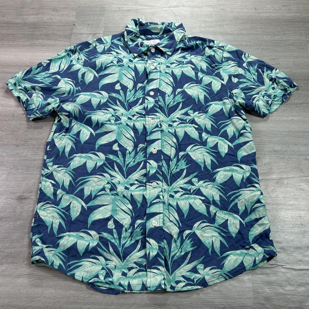 Cotton &‎ Co Shirt Mens Small Blue Tropical Leaf Hawaiian Aloha Button Up